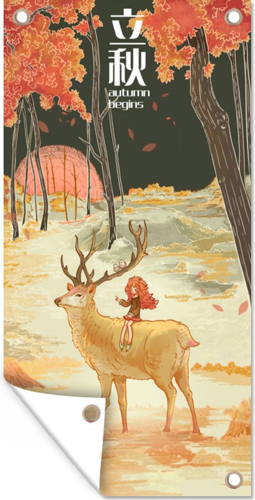 MuchoWow 30x60 cm Outdoor-Poster Gartendeko Sichtschutz Garten Poster für den Garten Chinesische Illustration mit einem Hirsch und einem Mädch...