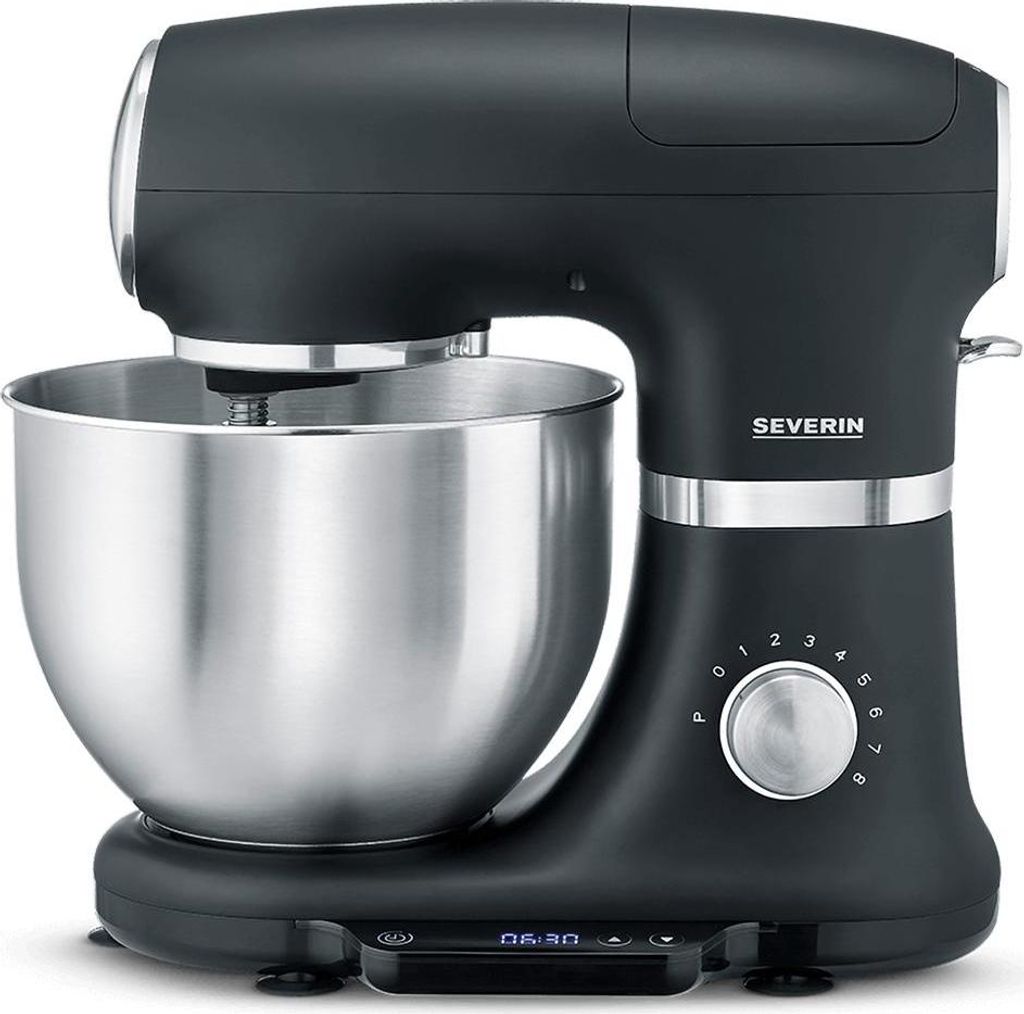 Severin Küchenmaschine mit Waage, Knetmaschine bis 3kg Kuchenteig, Teigmaschine mit Knethaken, Flachrührer und Schneebesen, 1.000W, Edelstahl, KM...
