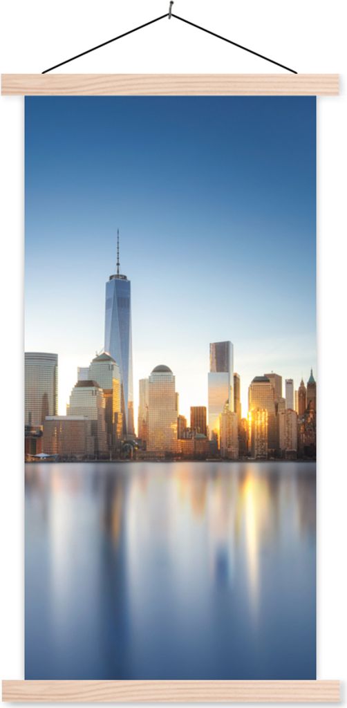 MuchoWow Textilposter New York - Skyline - Spiegelung 60x120 cm mit holzfarbenen Rahmen - Holz