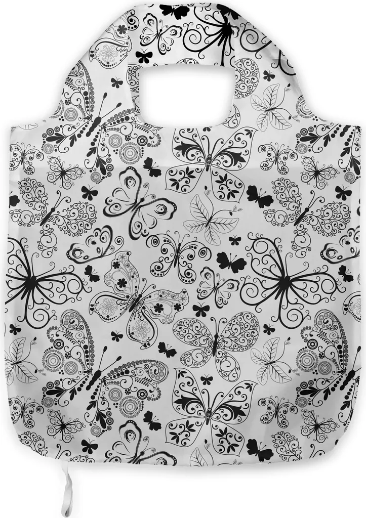ABAKUHAUS Borsa da trasporto in tessuto con tatuaggi, motivo floreale e farfalle, pratica borsa per la spesa quotidiana, bianco e nero
