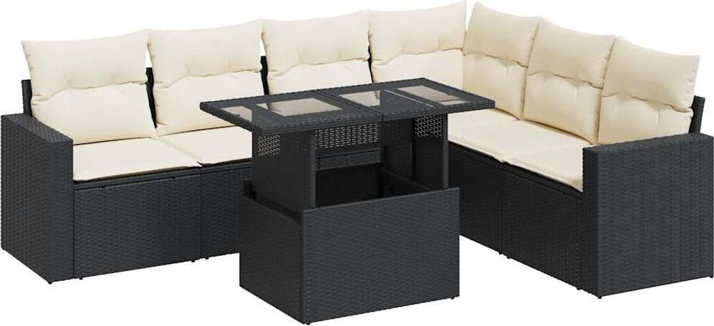 7-tlg. Garten-Sofagarnitur mit Kissen Schwarz Poly Rattan