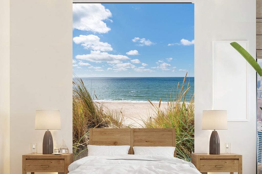 MuchoWow Fototapete für Wohnzimmer oder Schlafzimmer Wandtapete Vinyl Motivtapete Düne - Gras - Meer - Strand - 145x220 cm - Wanddekoration