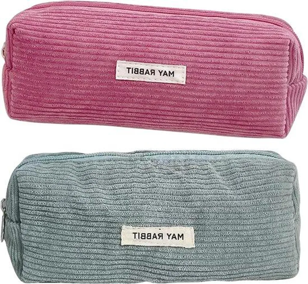 Trousse en velours côtelé bicolore lavable pour stylos et maquillage