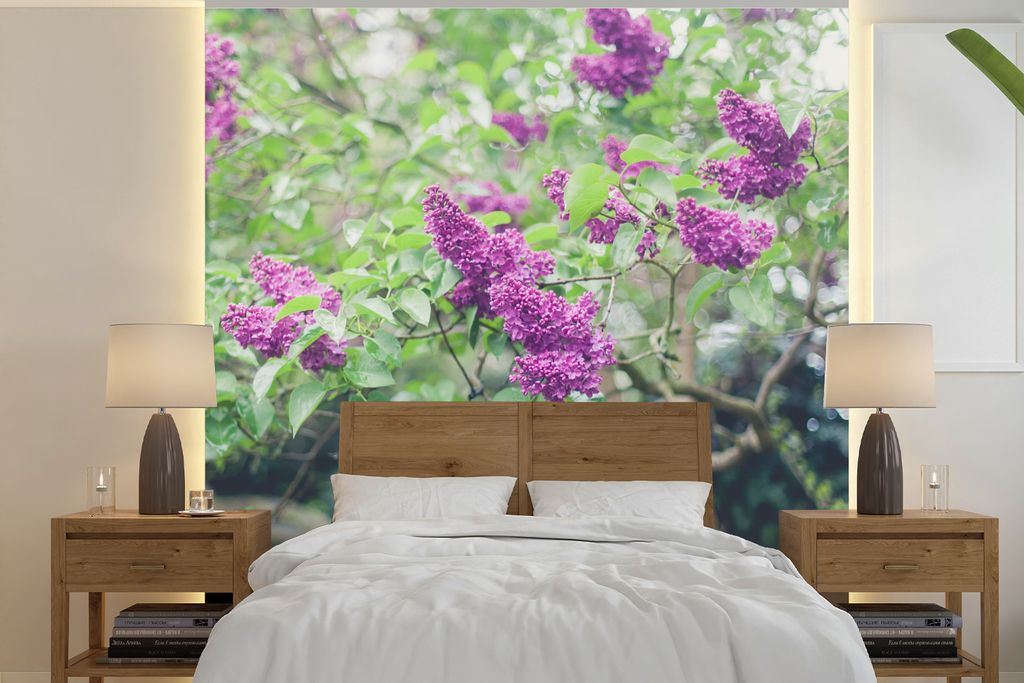 MuchoWow Fototapete für Wohnzimmer oder Schlafzimmer Wandtapete Vinyl Motivtapete Lila Flieder in einem Baum - 240x240 cm - Schlafzimmer-Tapete
