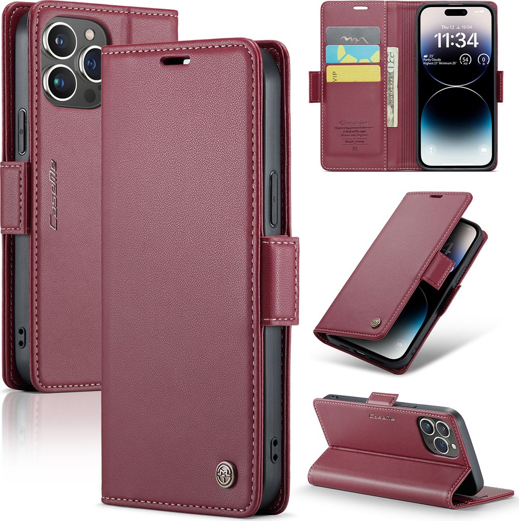 iPhone 14 Pro Hülle, Leder Brieftasche Kartenfach Schutzhülle mit Standfunktion für iPhone 14 Pro Rot