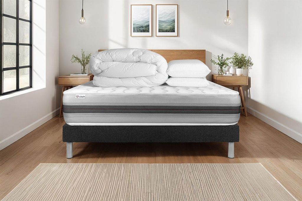Komplettpaket Bett - Matratze 160x200 cm + Boxspringbett mit Lattenrost (im Set) + 2 Kopfkissen + Bettdecke - Vitalspring Recover