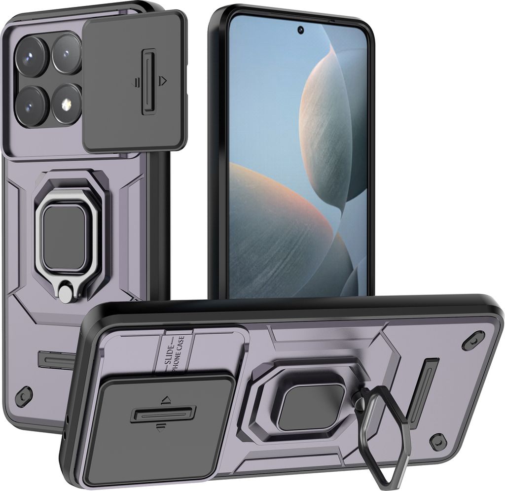 Hülle für Xiaomi Redmi K70 / K70 Pro Dual Layer Handyhülle Schiebe Kamera Schutz und Ringhalter Ständer Lila