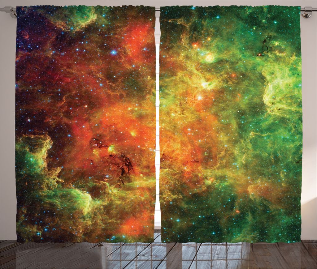 ABAKUHAUS Weltraum Rustikaler Vorhang, Cosmos Raum Planet, Wohnzimmer Universalband Gardinen mit Schlaufen und Haken, 280 x 245 cm, Orange Grün
