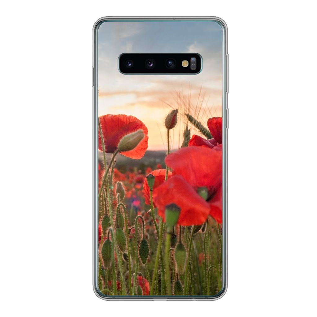 MuchoWow Handyhülle Schutzhülle Hülle für Samsung Galaxy S10 Sonnenuntergang hinter den schönen Mohnblumen Silikon Softcase Handy Hülle - H...