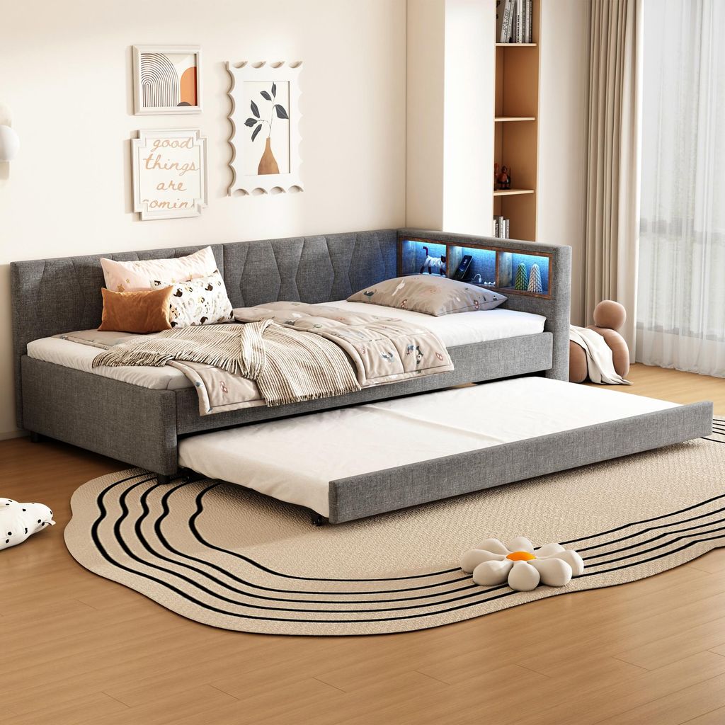Polster-Tagesbett 90x200cm mit Ausziehbett & LED - Leinen & MDF Sofa-Bettgestell mit USB/Typ-C Kopfteil-Stauraum Lattenrost Geräuschlos Belastbar ...
