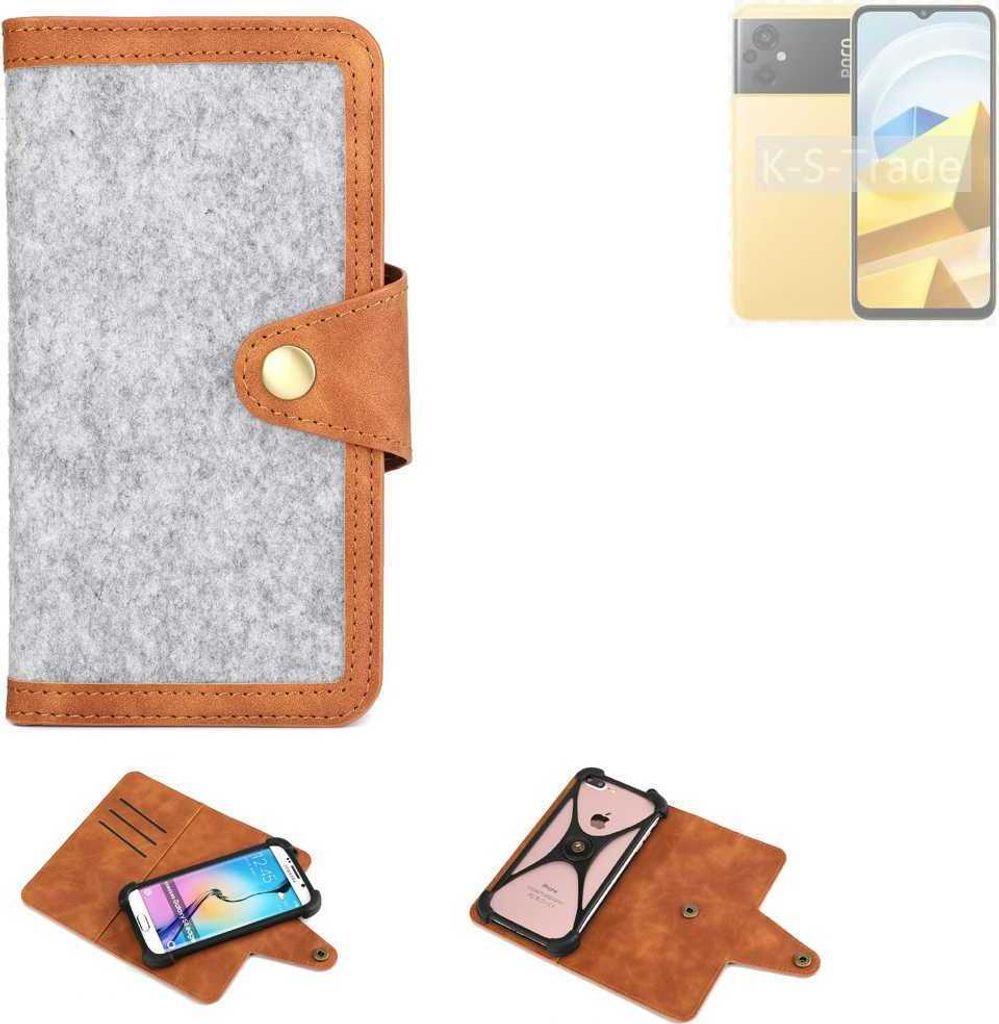 K-S-Trade Handyhülle kompatibel mit POCO M5 Schutzhülle Filz-Hülle Kunst-Leder hellgrau braun (1x)