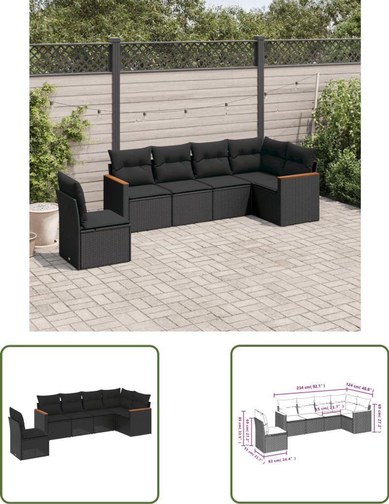 The Living Store 6-tlg. Garten-Sofagarnitur mit Kissen Schwarz Poly Rattan