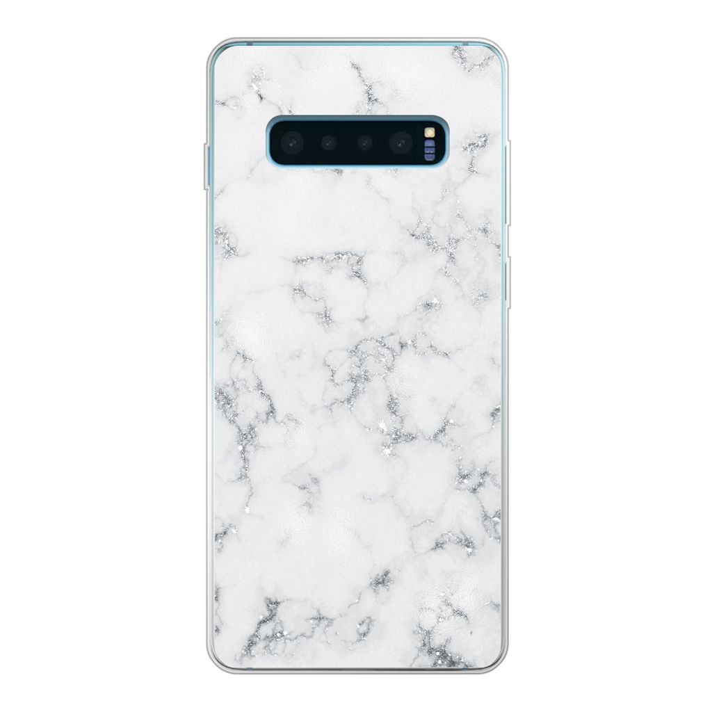 MuchoWow Handyhülle Schutzhülle Hülle für Samsung Galaxy S10 Lite Marmor - Weiß - Silber - Glitter - Marmoroptik - Chic Silikon Softcase Han...
