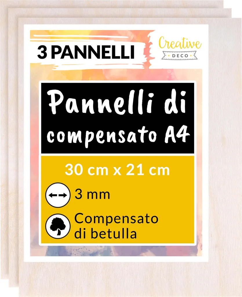 Set 3 Fogli Compensato Betulla 3mm A4 - Creative Deco Fai da Te