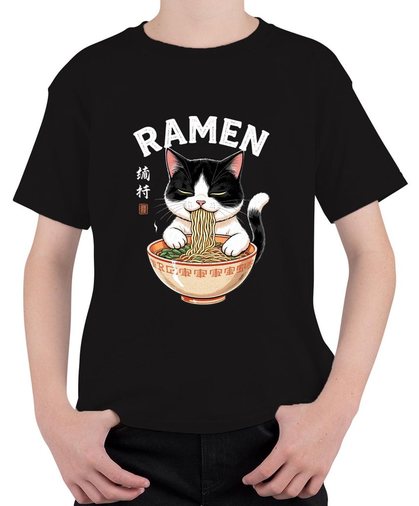 Ramen Katze Nudeln Essen Japanisch Lustig Geschenk Vintage Uni Kinder T-Shirt, Schwarz, 140