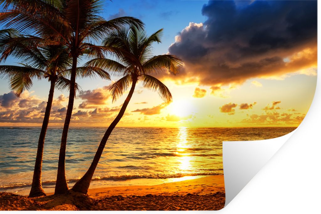 MuchoWow Wandtattoo Wandsticker Wandaufkleber Strand - Horizont - Sonnenuntergang - Palme - Meer 90x60 cm Selbstklebend und Repositionierbar - Au...