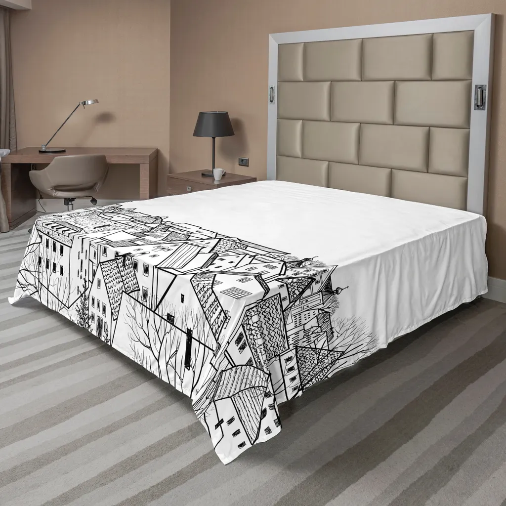 Drap de lit anti-plis grand format 266x260 cm, motif ville élégant