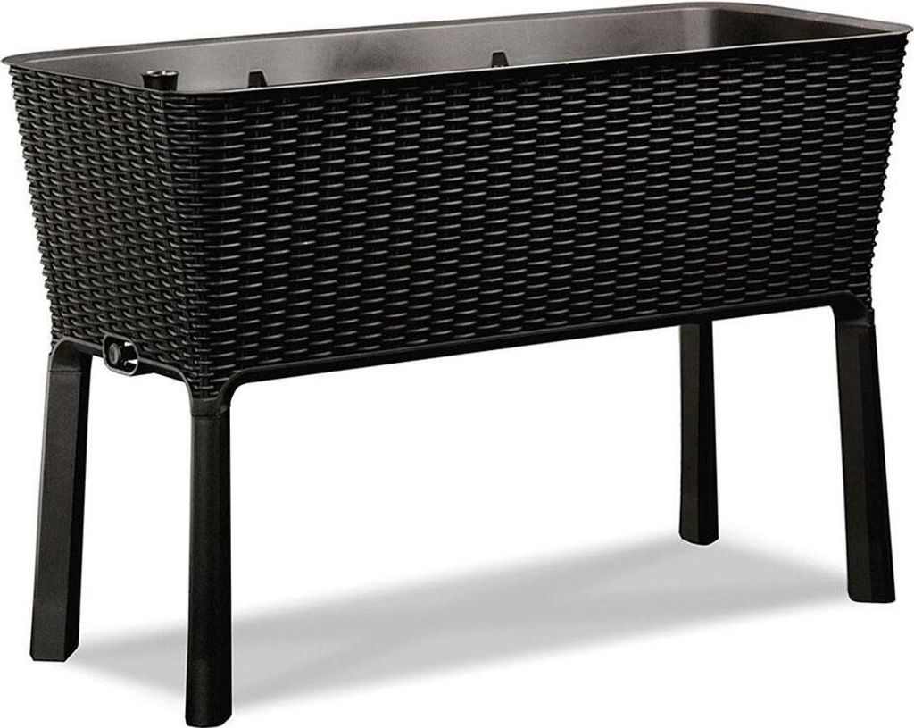A black raised garden planter with a woven texture sits on four black legs against a white background.