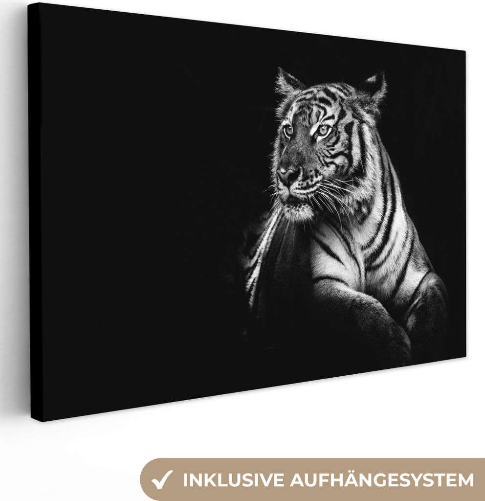 OneMillionCanvasses - Leinwandbilder - 150x100 cm, Tiger - Tiere - Schwarz - Weiß, Wandbilder Kunstdruck Wanddekoration