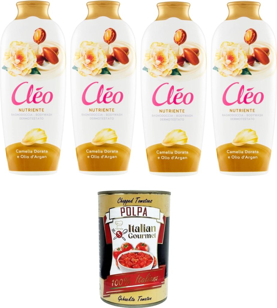 Cleo Bagnodoccia Camelia Dorata e Olio di Argan Duschgel mit goldener Kamelie und Arganöl – 4x750 ml+ Italian Gourmet polpa 400g