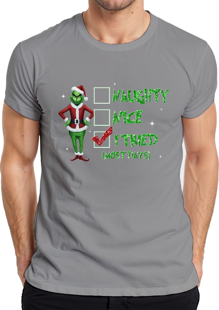 Grinch Santa I Tried (Most Days) Christmas Checkmark Funny Gift Herren T-Shirt, Grau, XXL