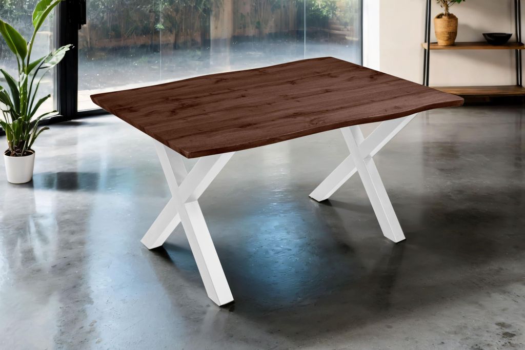 Esstisch Josy | 160 x 85 cm | Holz Nussbaum-Optik | X-Gestell Metall weiß | 40 mm Tischplatte mit Baumkante | Tisch für Esszimmer & Küche
