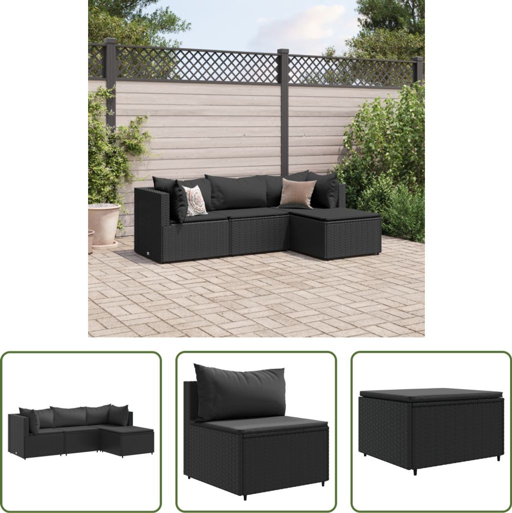 The Living Store 4-tlg. Garten-Lounge-Set mit Kissen Schwarz Poly Rattan