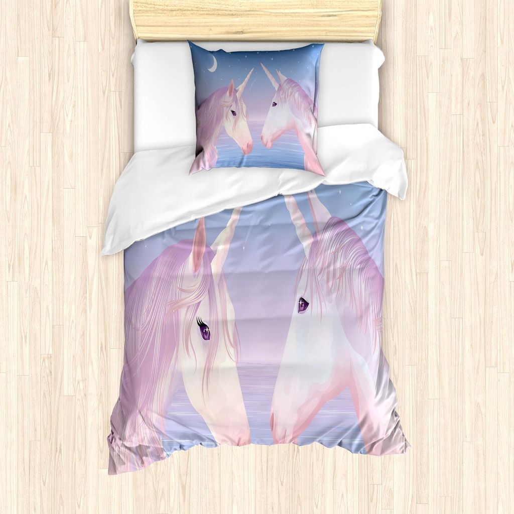 ABAKUHAUS Pferd Bettbezug Set, Achal Tekkiner Unicorns by the Sea Exchange-Glances Unter dem neuen Mond und Sterne, 135 x 200 cm + 80 x 80 cm, Scha...