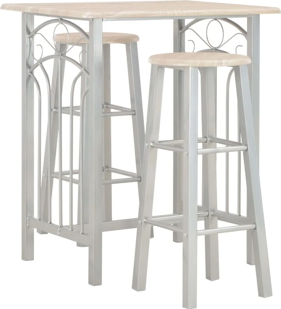 Set de bar 3 pièces bois et acier avec table haute et 2 tabourets