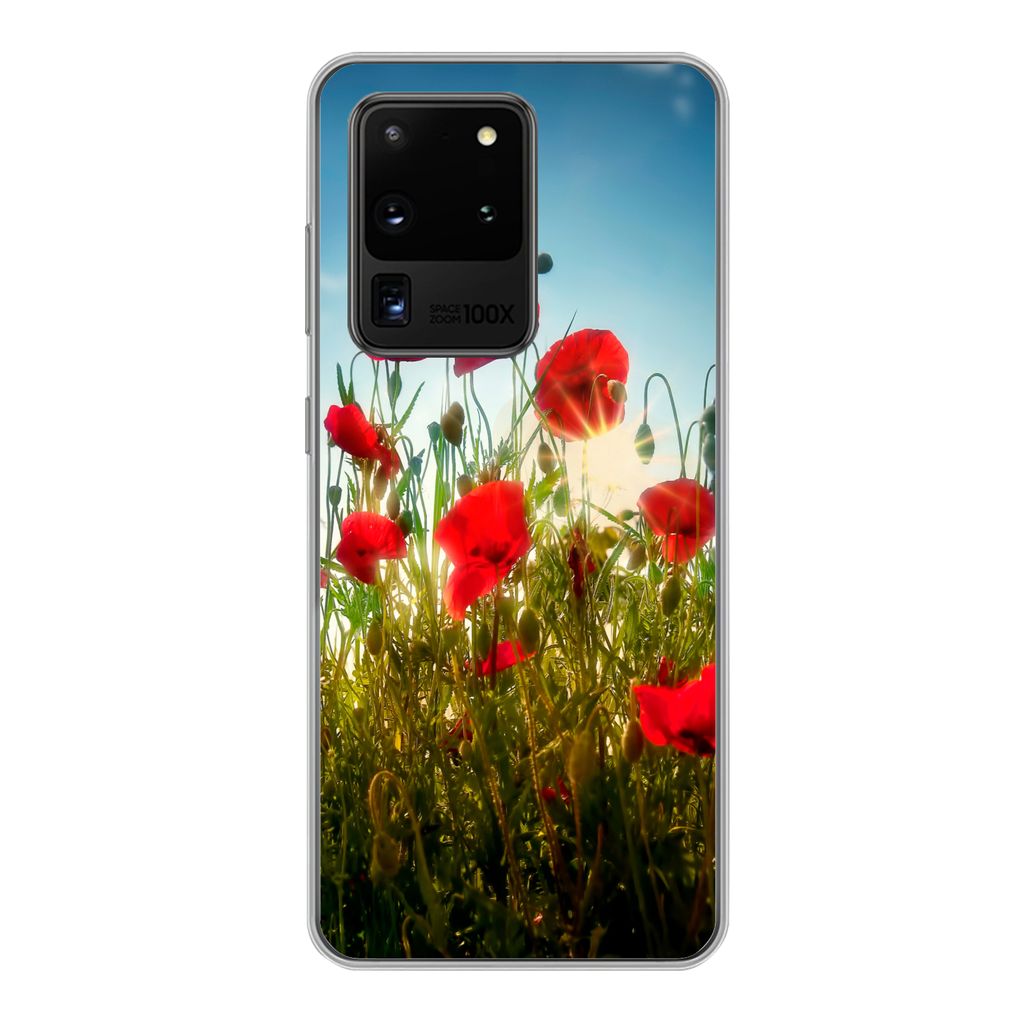 MuchoWow Handyhülle Schutzhülle Hülle für Samsung Galaxy S20 Ultra Mohnblumen - Toskana - Sonne - Rot - Blau Silikon Softcase Handy Hülle - ...