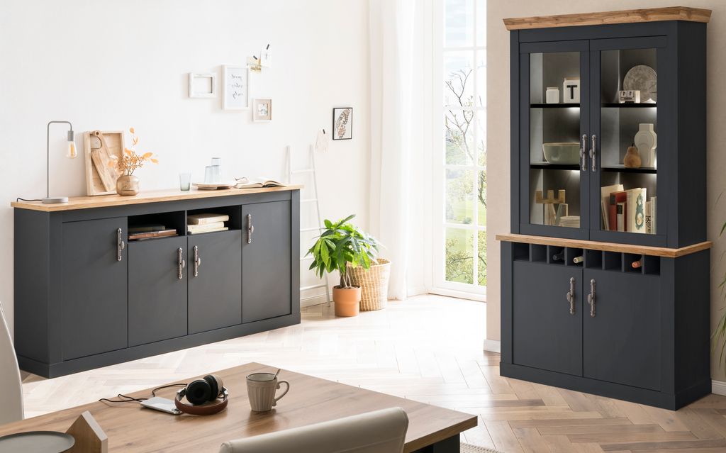 Wohn- / Esszimmer Set "Ribera" Landhaus in grau und Wotan Eiche Set 2-teilig, Soft-Close-Funktion