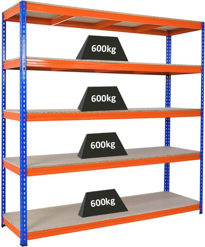 Profi Schwerlastregal BISON | HxBxT 200x200x60cm | 5 Spanplatten-Ebenen 15mm | Fachlast 600kg | Blau-Orange