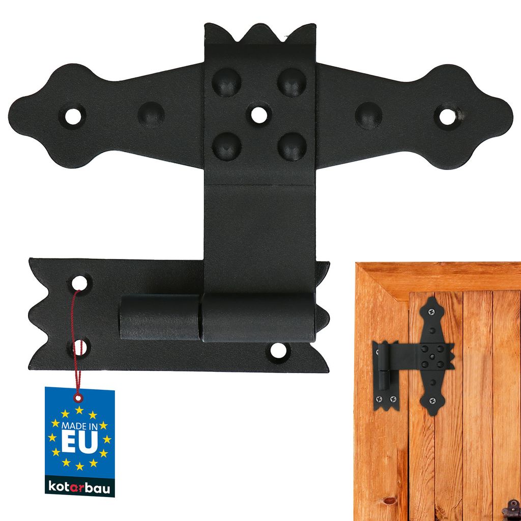 A black metal hinge with decorative elements, shown both on its own and attached to a wooden door.