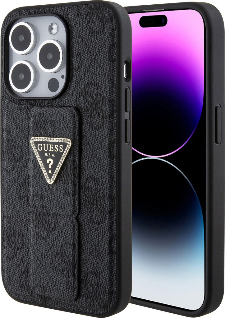 Guess PolyurethanGrip Stand 4G Strass Triangle Metal Logo Case für iPhone 15 Pro schwarz