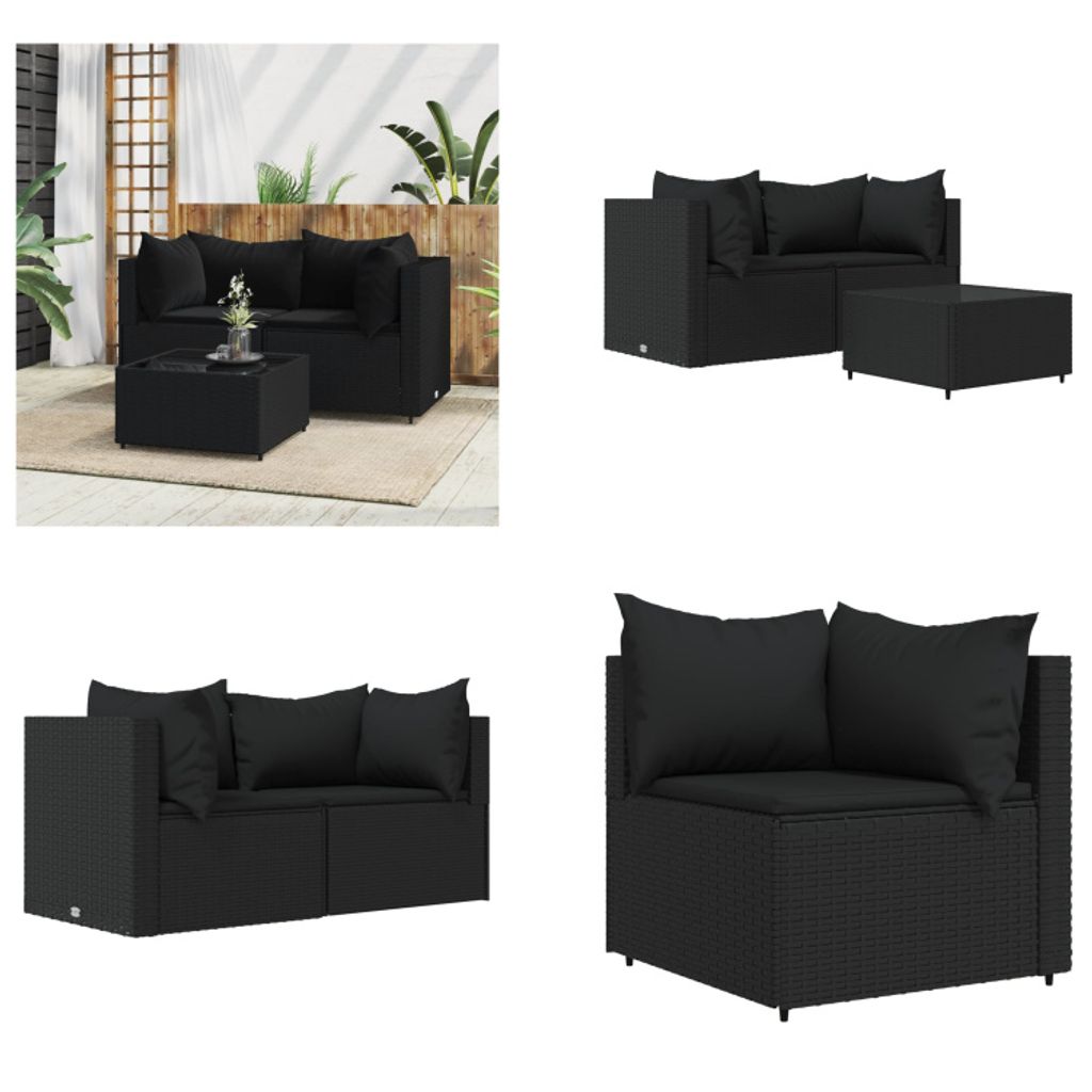 vidaXL 3 tlg. Garten Lounge Set mit Kissen Schwarz Poly Rattan - Garten Lounge Set - Garten Lounge Sets - Outdoor Lounge Set - Lounge Set Terrasse