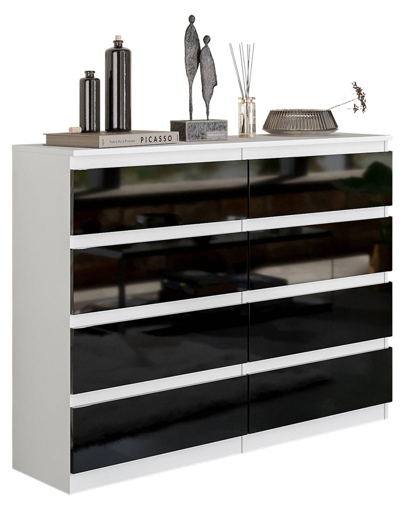Kommode Weiß Matt / Schwarz Hochglanz mit 8 Schubladen – Modernes Sideboard für Schlafzimmer & Wohnzimmer – Geräumige Kommode – GABRIEL