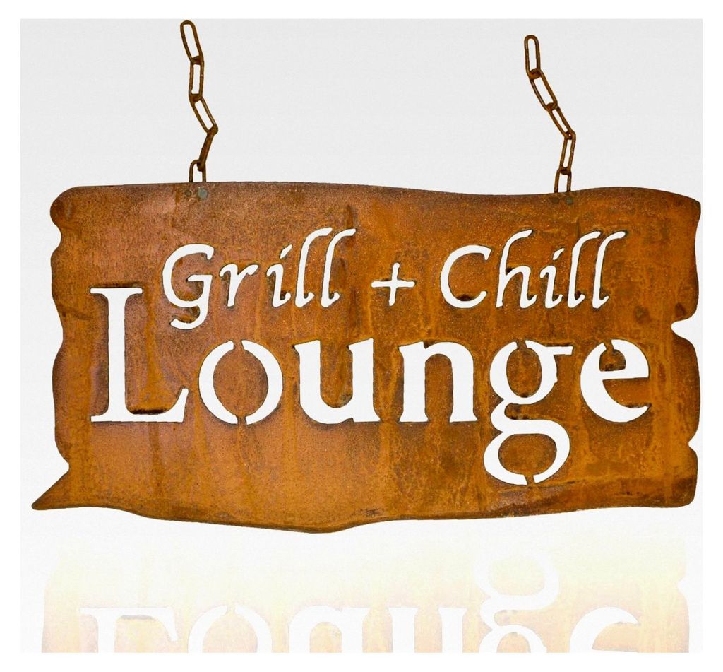 Metall Tafel Grill und Chill Lounge Rost Schriftzug Garten Frühling rostig L45 cm