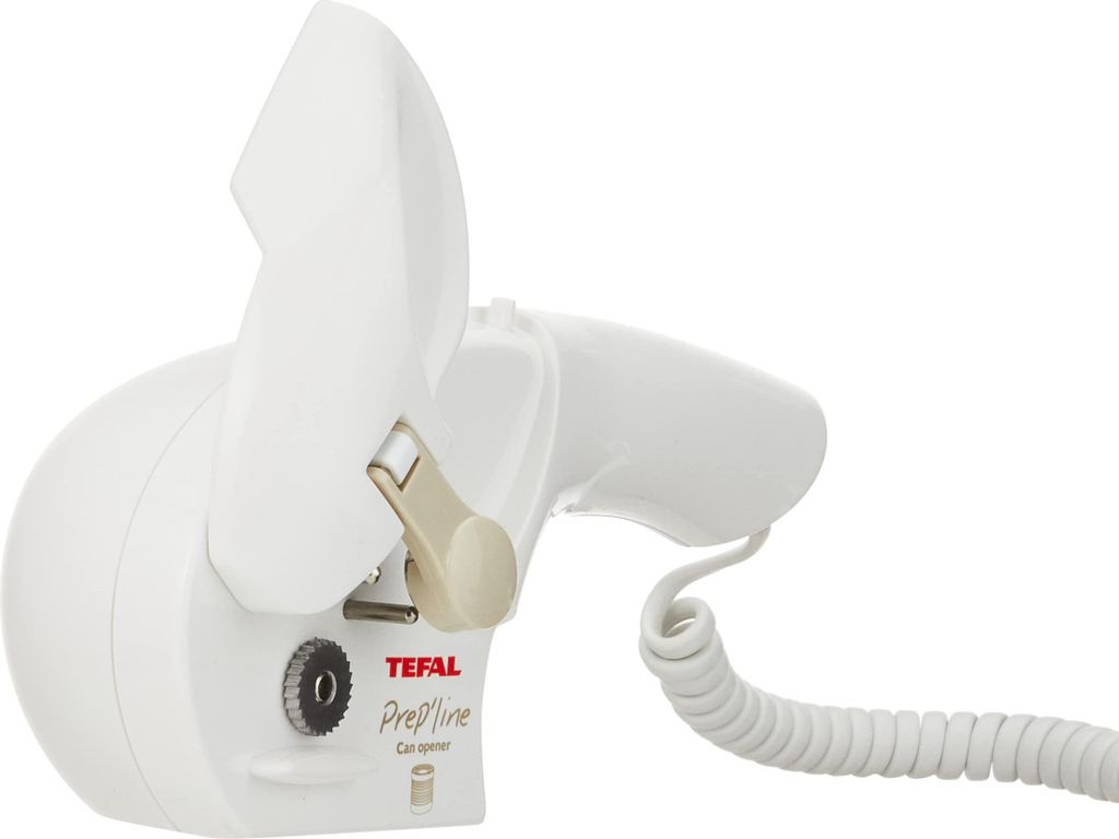 A white electric can opener with a coiled cord, shown against a white background.