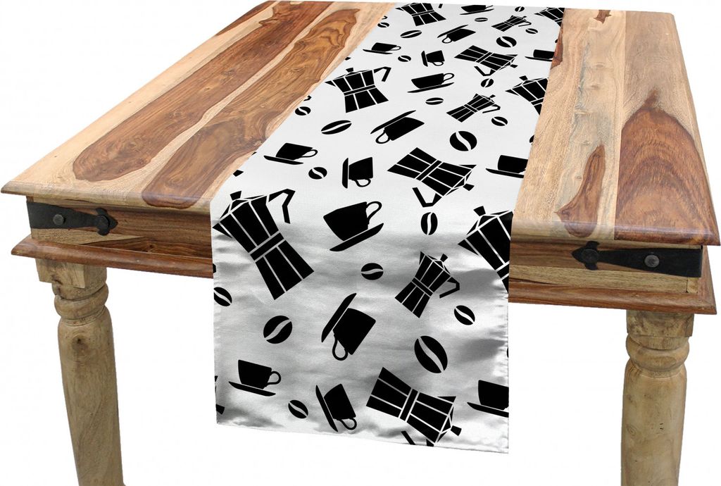 ABAKUHAUS Italien Tischläufer, Kaffeemaschine Bohnen Cups, Esszimmer Küche Rechteckiger Dekorativer Tischläufer, 40 x 300 cm, Weiß und Dunkelgrau
