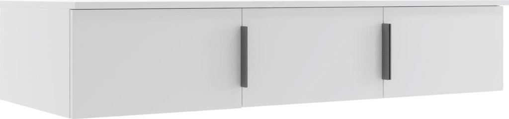 A white cabinet with three doors and dark gray handles, presented against a white background.
