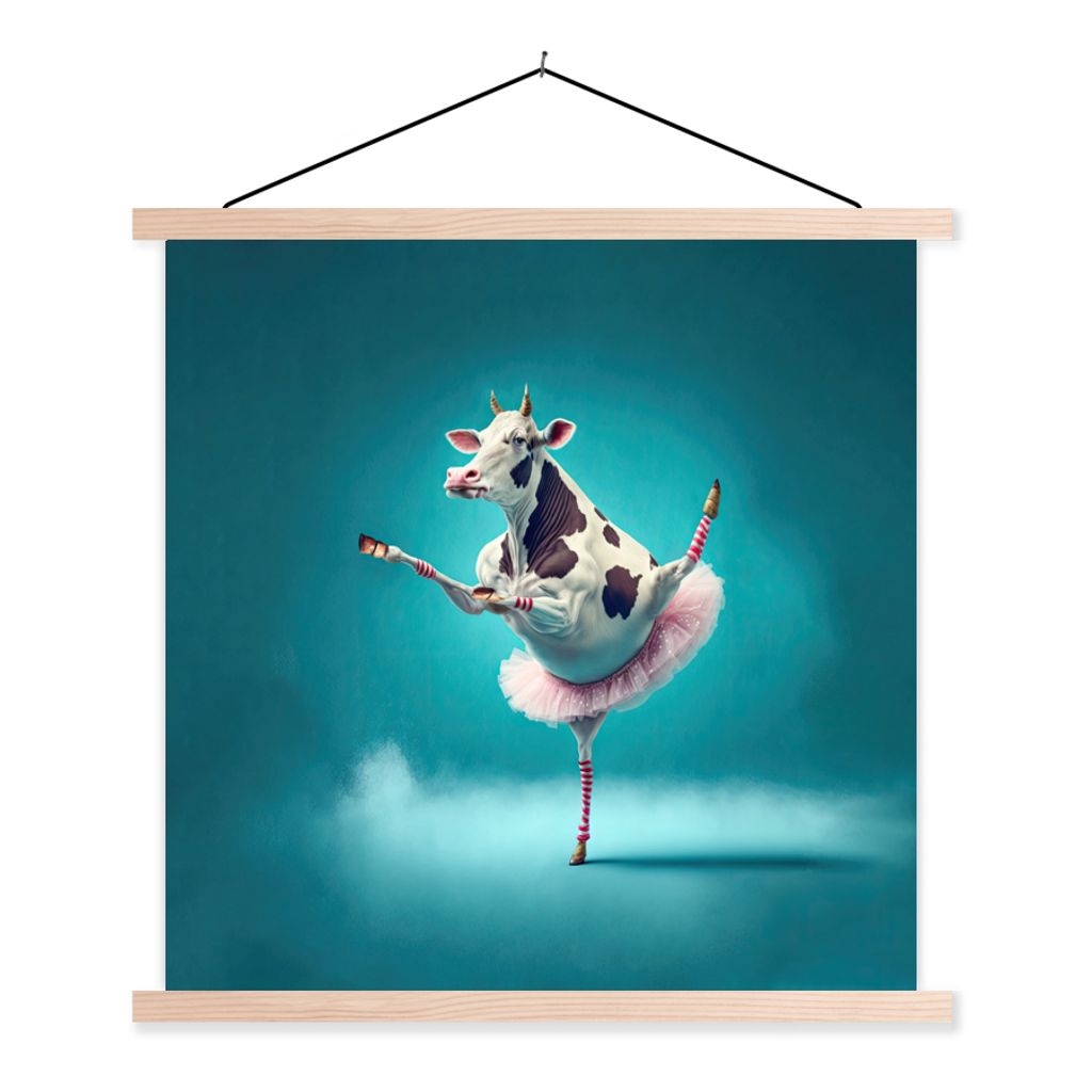 MuchoWow Textilposter Kuh - Ballett - Porträt - Blau - Tiere - Kind 40x40 cm mit holzfarbenen Rahmen - Posterleiste