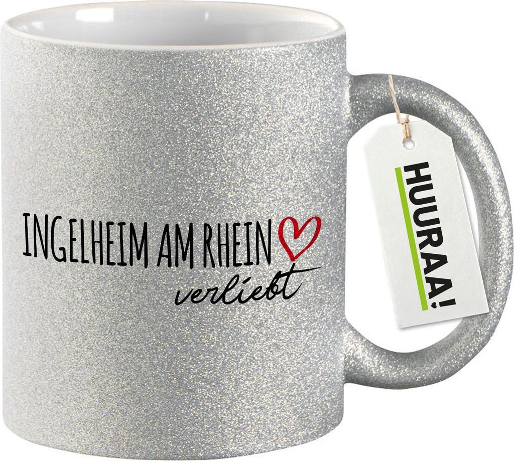 Huuraa Glitzertasse Ingelheim am Rhein verliebt 330ml Silber Keramik Kaffeebecher Geschenkidee