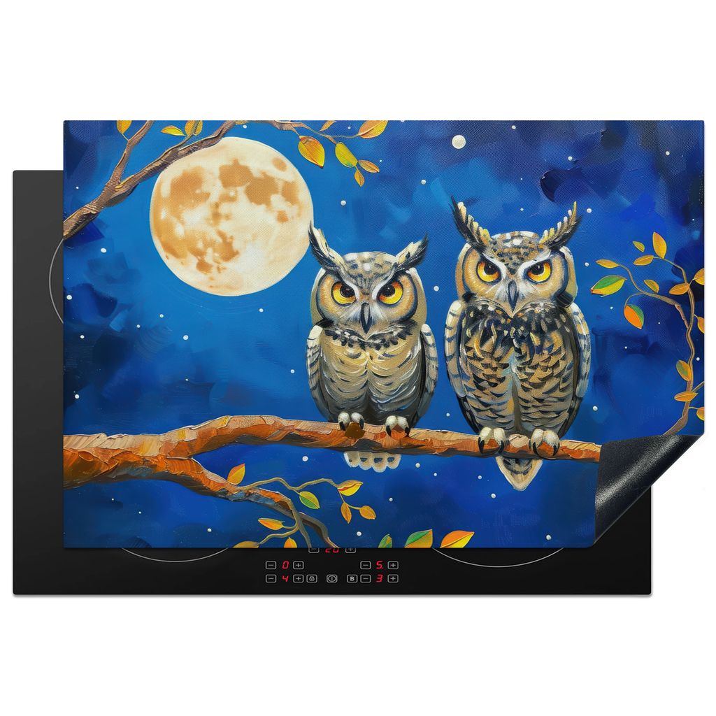 KitchenYeah Herdabdeckplatte Eulen - Malansicht - Natur - Nacht , 78x52cm, Küche Deko, Glaskeramikkochfeld Herdabdeckung, Abdeckplatte fùr Koch...
