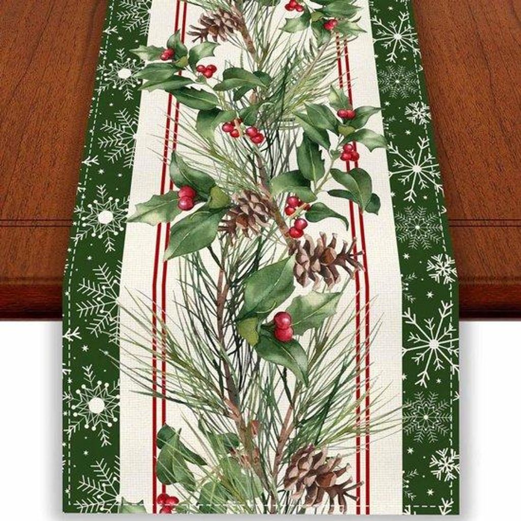 Weihnachtstischdecke, rote Blumen, Tannenzapfen, 33x183cm, Winterdeko