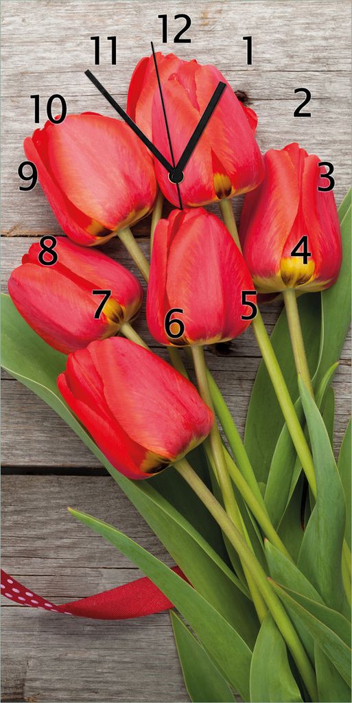 Wallario Design Wanduhr bedruckt, Größe 30 x 60 cm, Motiv: Rote Tulpen auf einem alten Holztisch