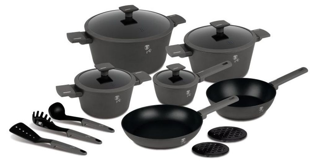 A collection of cookware and kitchen utensils arranged on a white background.