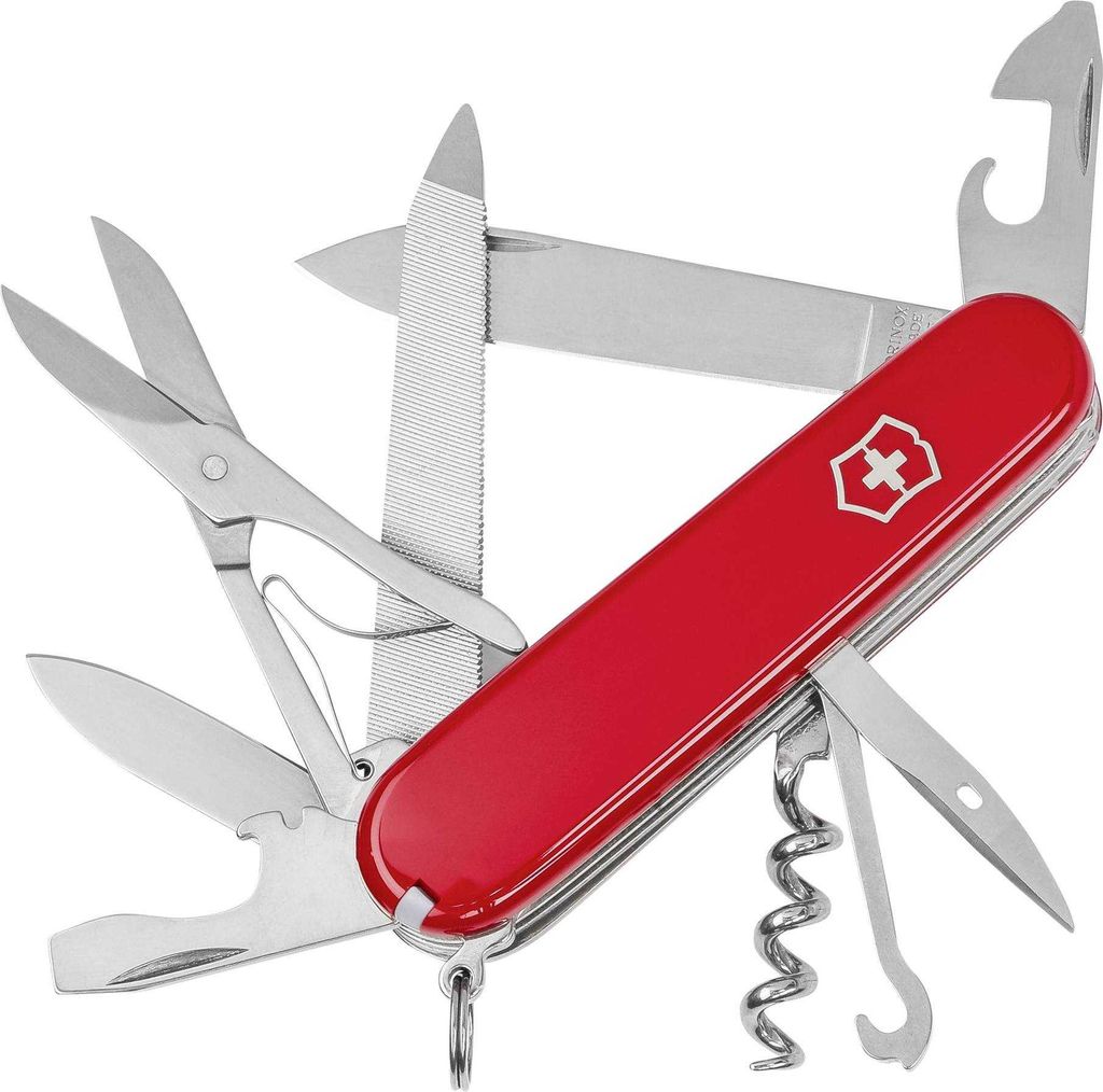 A red Swiss Army knife with multiple tools extended, set against a white background.