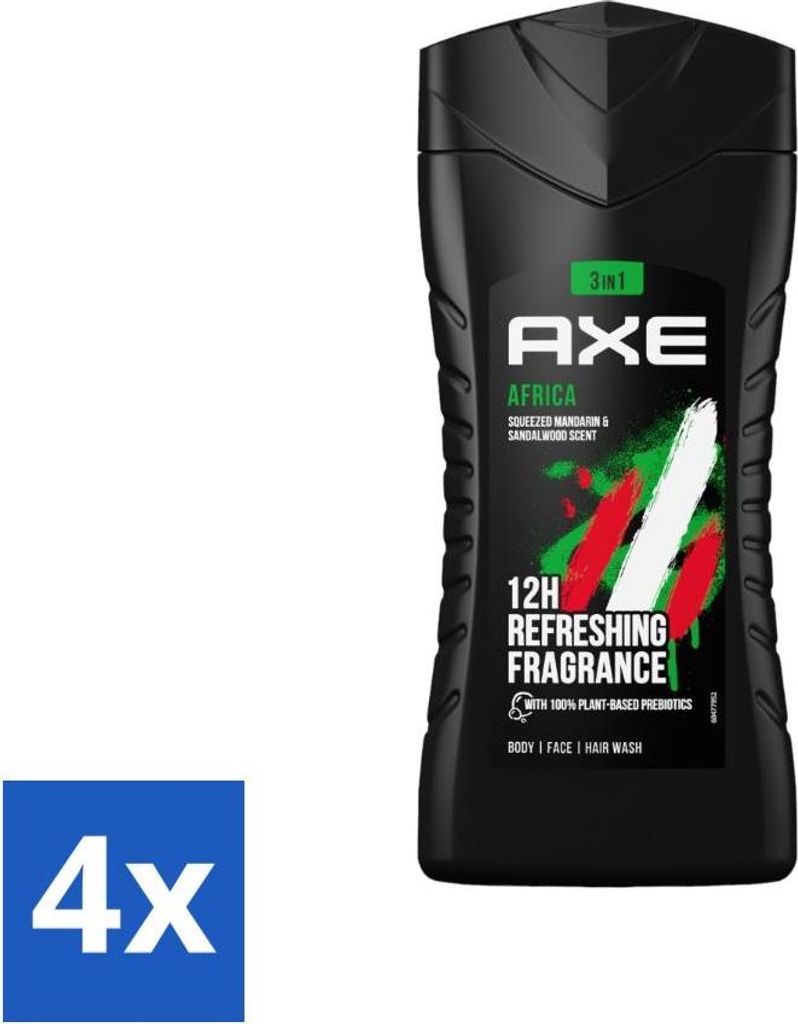 Axe - 3-in-1 Duschgel - Africa - Gepresste Mandarine & Sandelholz - 100% pflanzlich - 250 ml - Vorteilspack - 4 Stücke