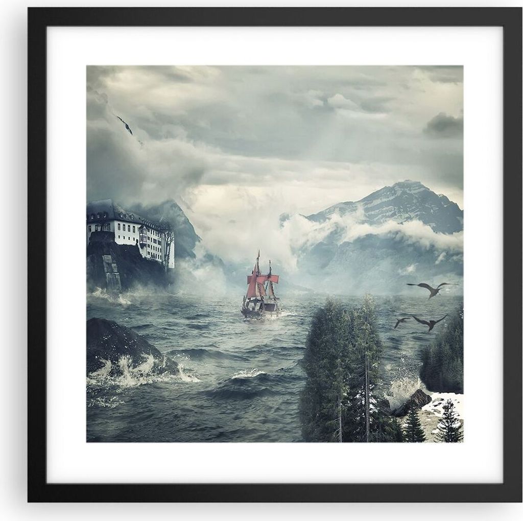 Gerahmtes Poster - Schwarzer Rahmen - Sturm Berge Segelschiff - 40x40 cm - Wand Bild - Wanddeko - Wandbilder - Wandposter - Bilderrahmen - Bilder -...
