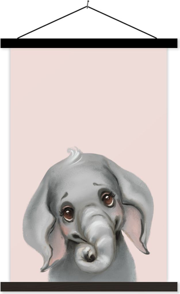 MuchoWow Textilposter Elefant - Kind - Rosa 60x90 cm mit schwarzem Rahmen - Poster Wohnzimmer